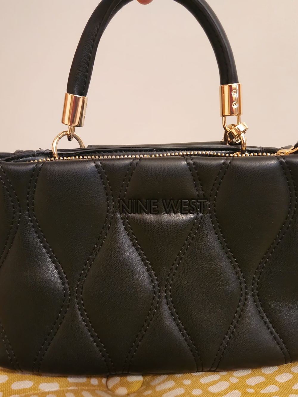 Small Nine West Black Quilted Faux-Leather Top-Handle Satchel with Gold Hardware